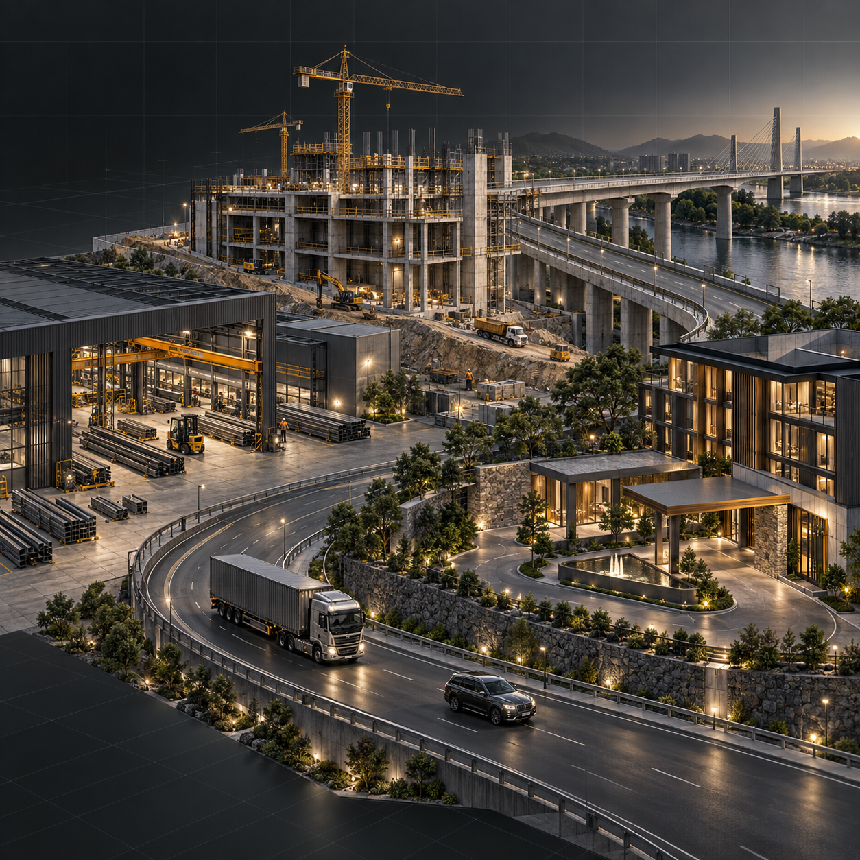 Integrated visual representing infrastructure, logistics, metal fabrication and corporate accommodation